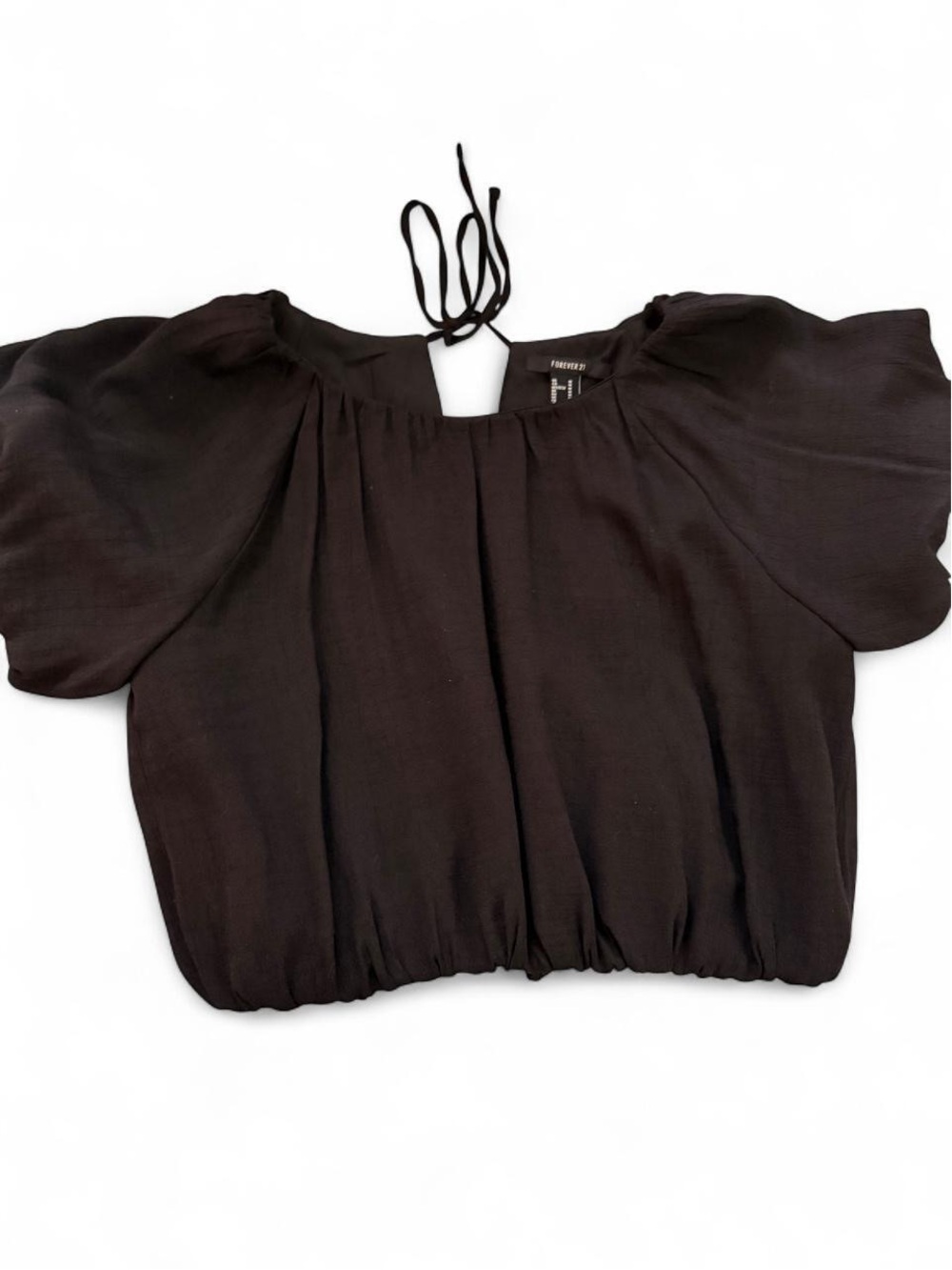 Forever 21 Black Puff Sleeve Cropped Tie-Back Top
